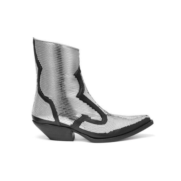 Emporio Armani Calfskin Leather Sequin Cowboy Booties Silver ( 35 ) - Picture 1 of 9
